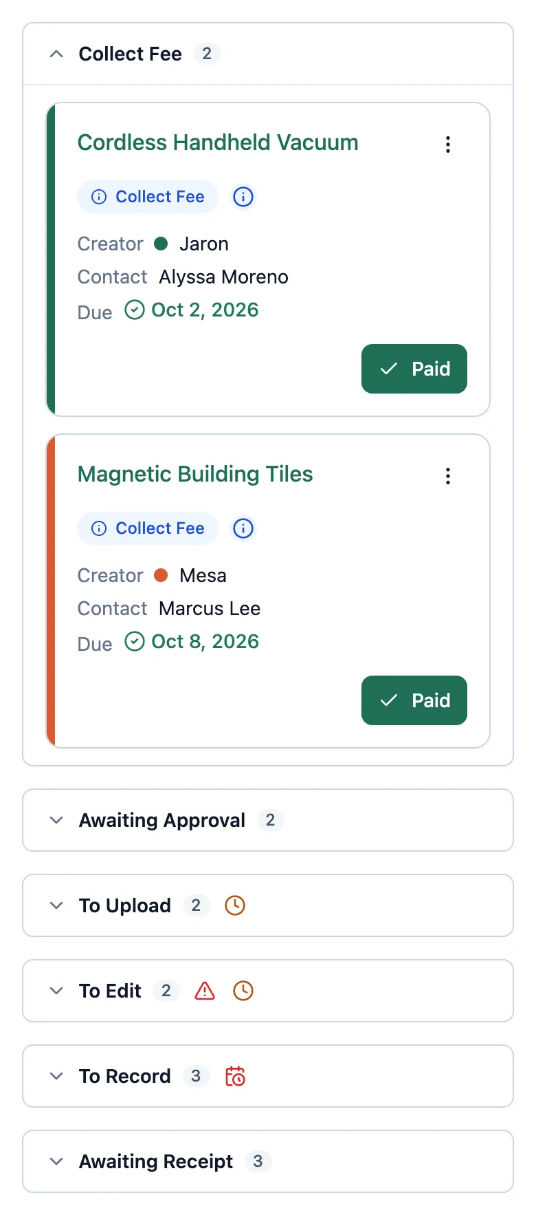 The Tuskl Planner: each product is a card under the step it's waiting on, showing its Creator, its Contact and when it's due.